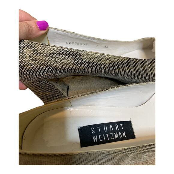Stuart Weitzman gold snake skin shimmer block heel pump shoes size 9 AA - Picture 3 of 10